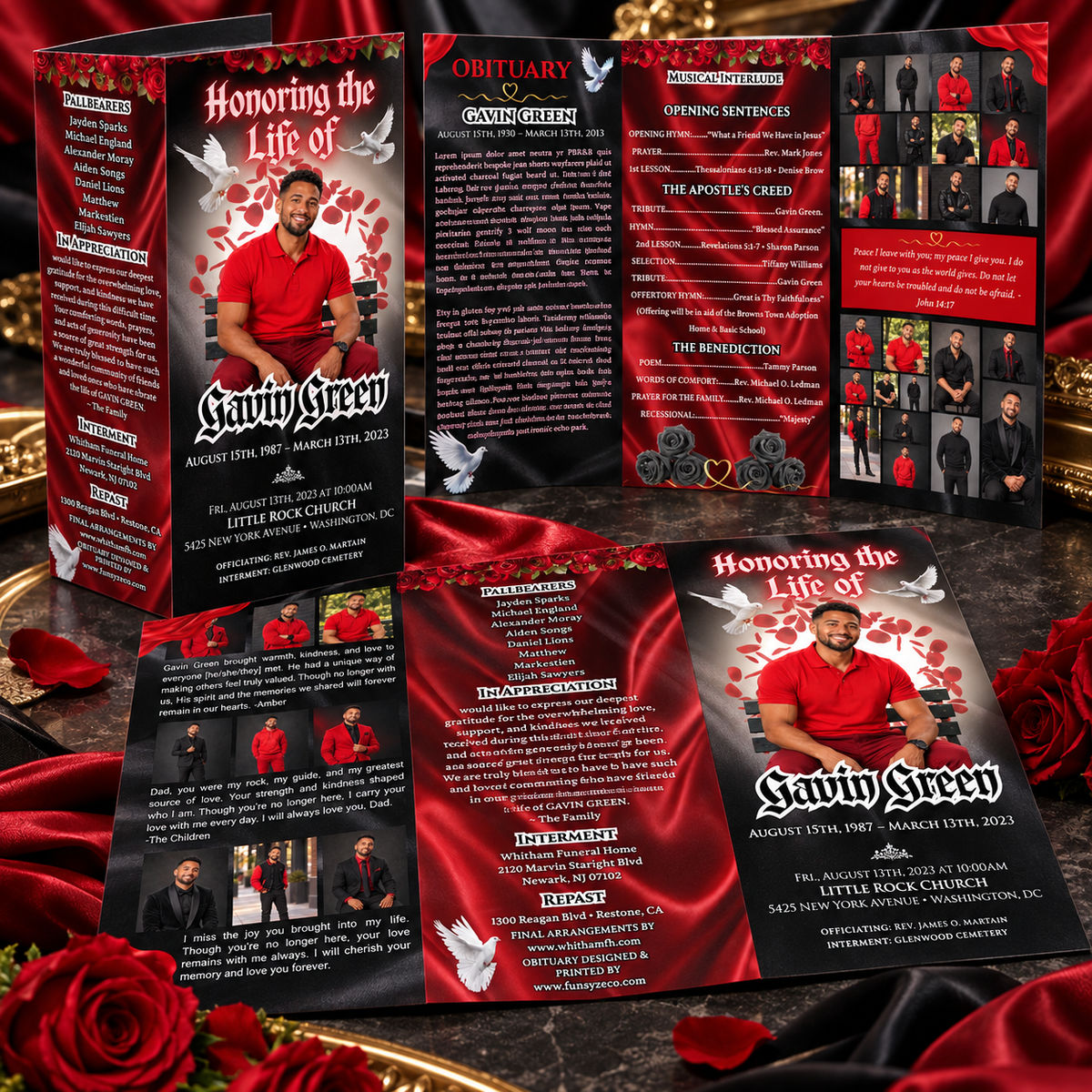Crimson Legacy | Red & Black Roses + Silk Men’s Memorial Trifold Canva Template