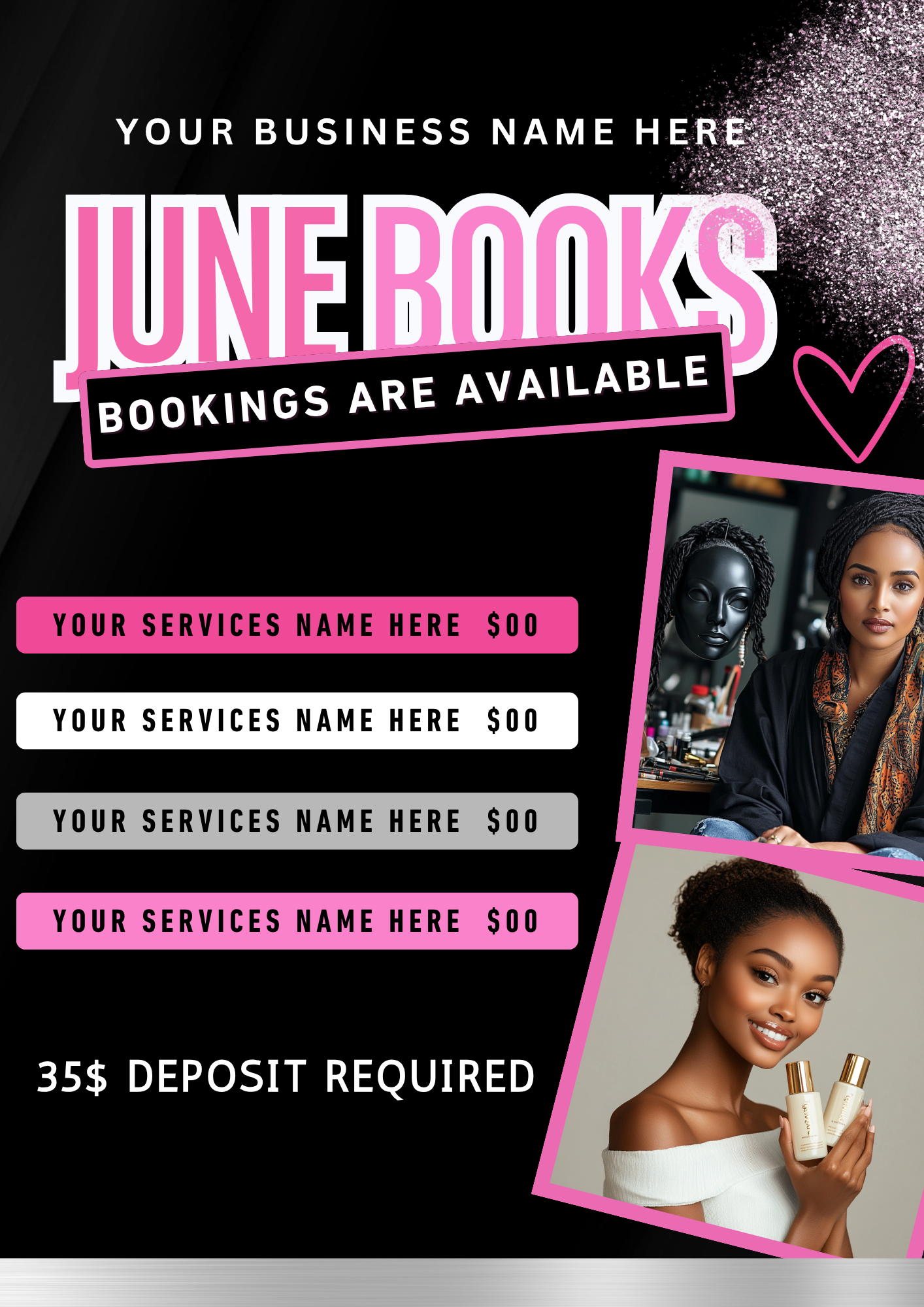 June Bookings Canva Editable Template Bundle | Pink Green Black Beauty Flyer & Social Media Posts.