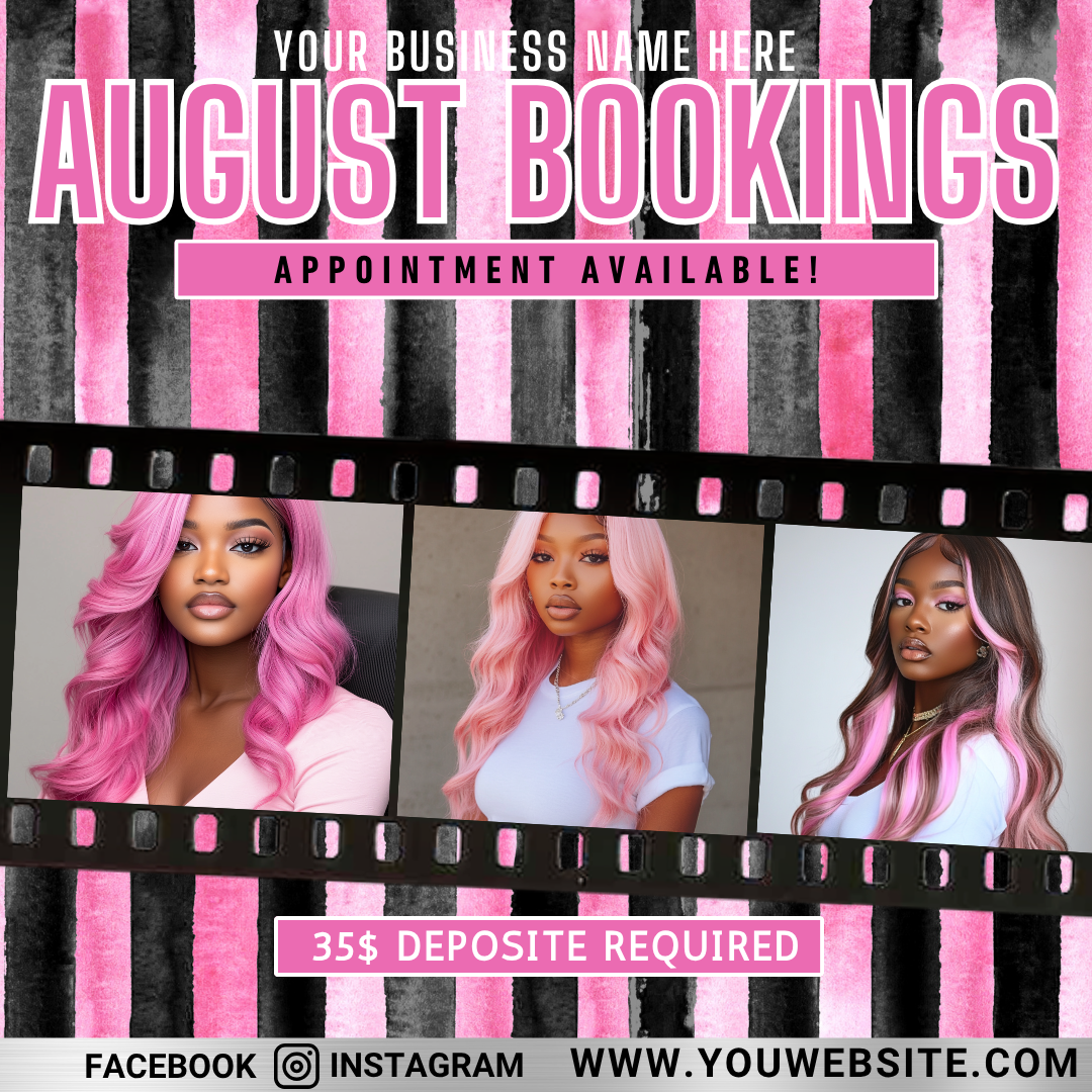 Editable August Bookings Canva Template Bundle | Pink Blue Beauty Flyer & Social Media Posts