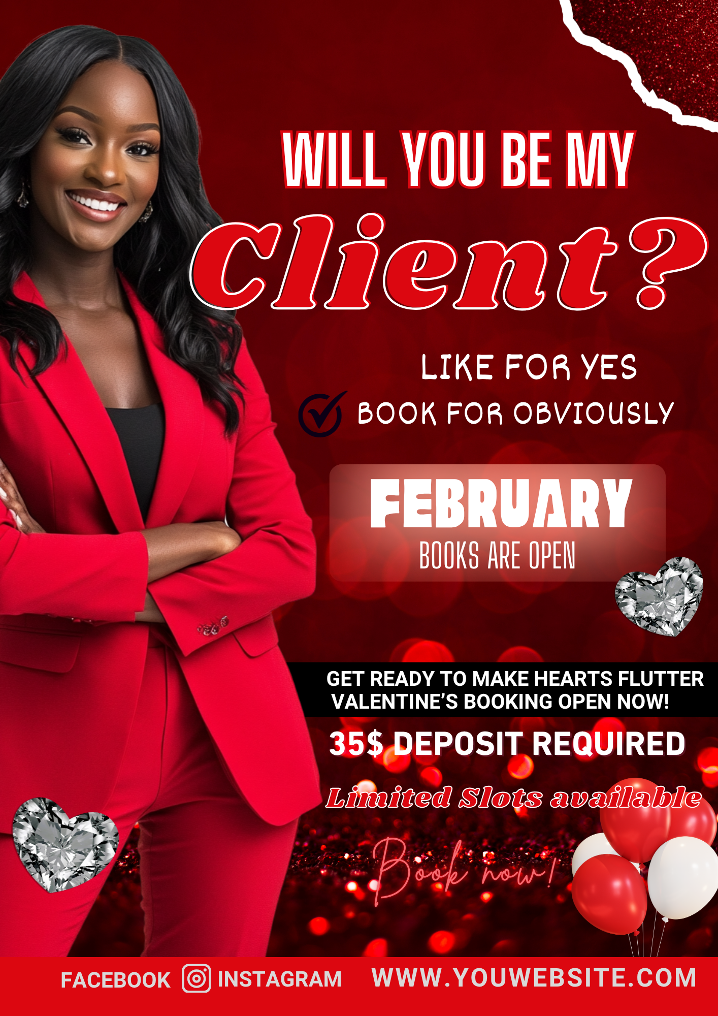 Editable Valentine’s Day Beauty Booking Canva Templates | 5-Page Will You Be My Client Social Media & Flyer Bundle