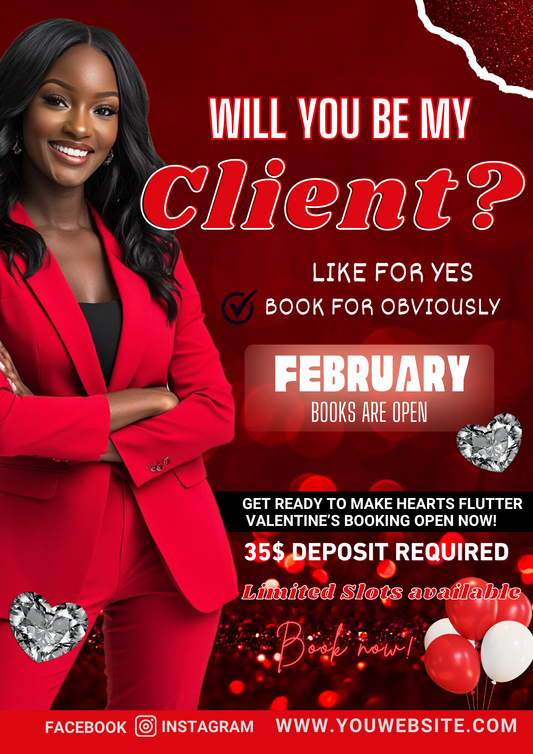 Editable Valentine’s Day Beauty Booking Canva Templates | 5-Page Will You Be My Client Social Media & Flyer Bundle