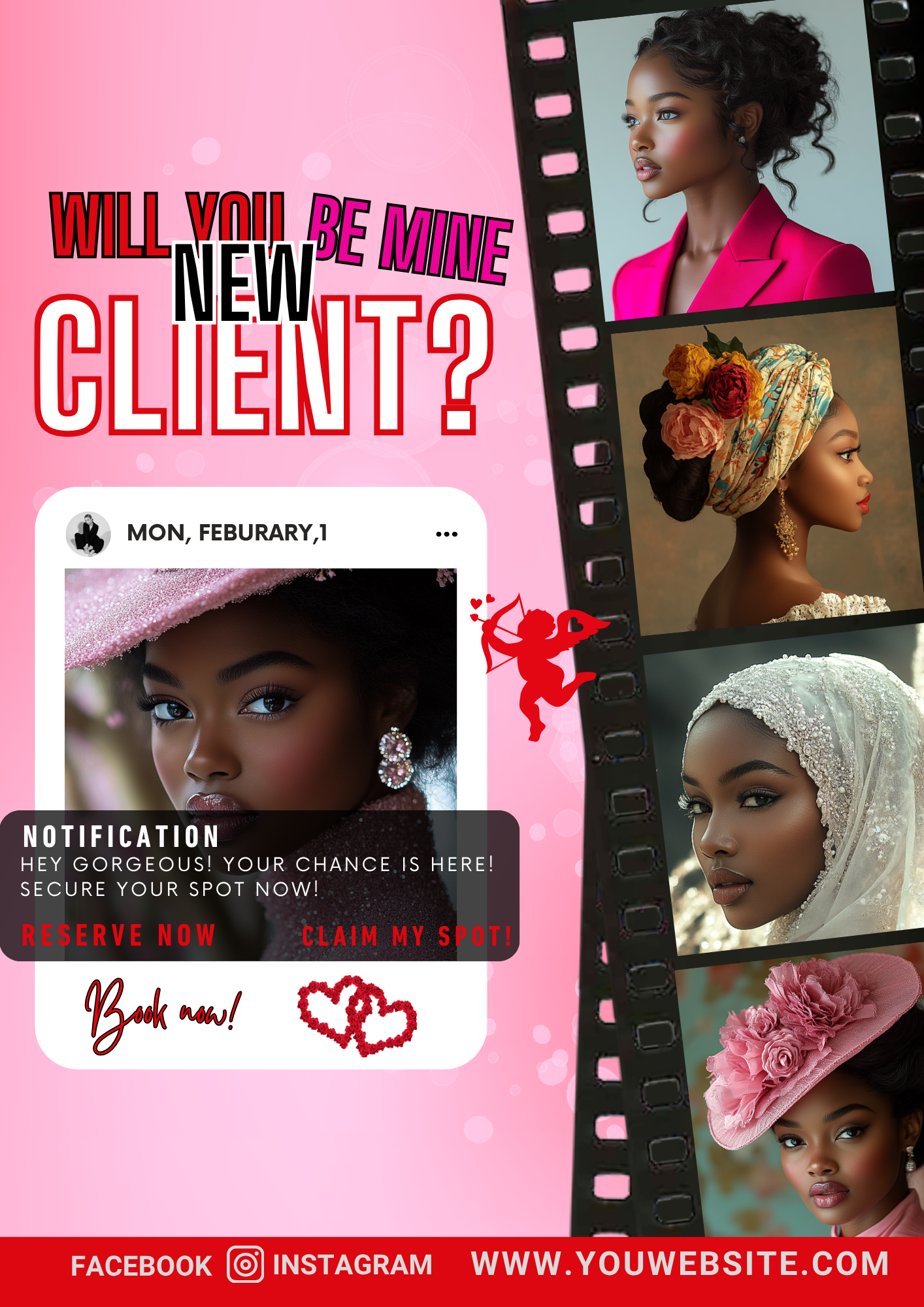 Editable Valentine’s Day Beauty Booking Canva Templates | 5-Page Will You Be My Client Social Media & Flyer Bundle