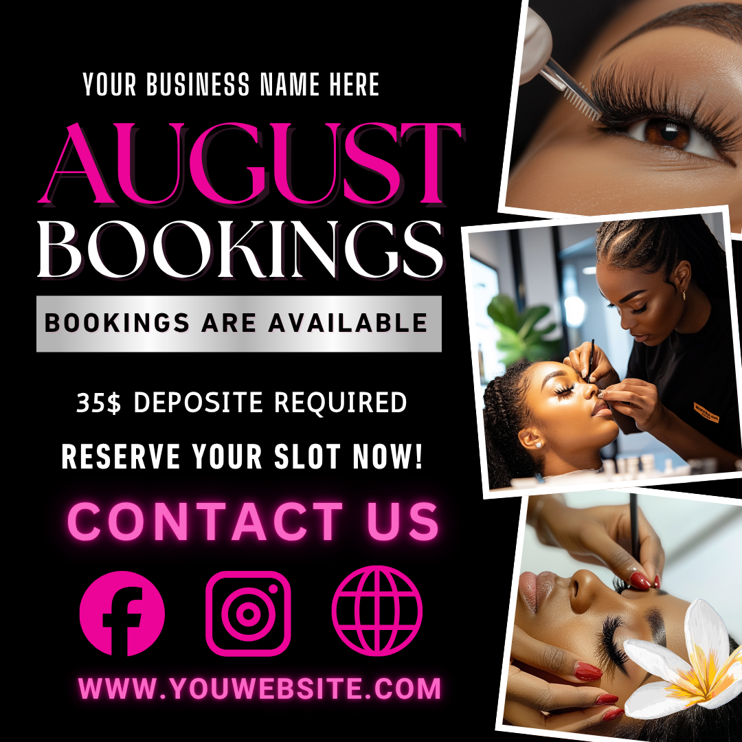 Editable August Bookings Canva Template Bundle | Pink Blue Beauty Flyer & Social Media Posts