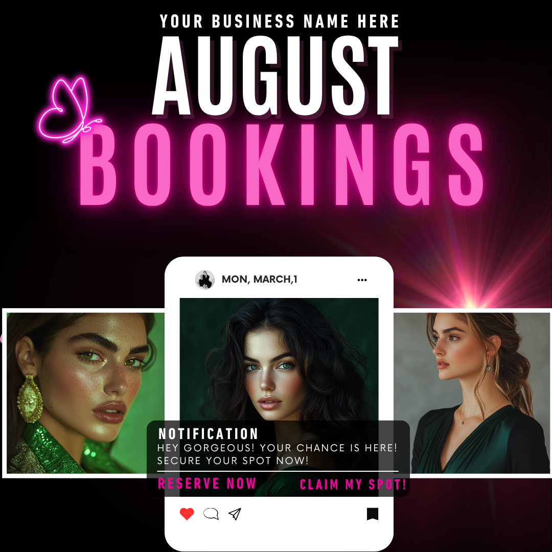 Editable August Bookings Canva Template Bundle | Pink Blue Beauty Flyer & Social Media Posts