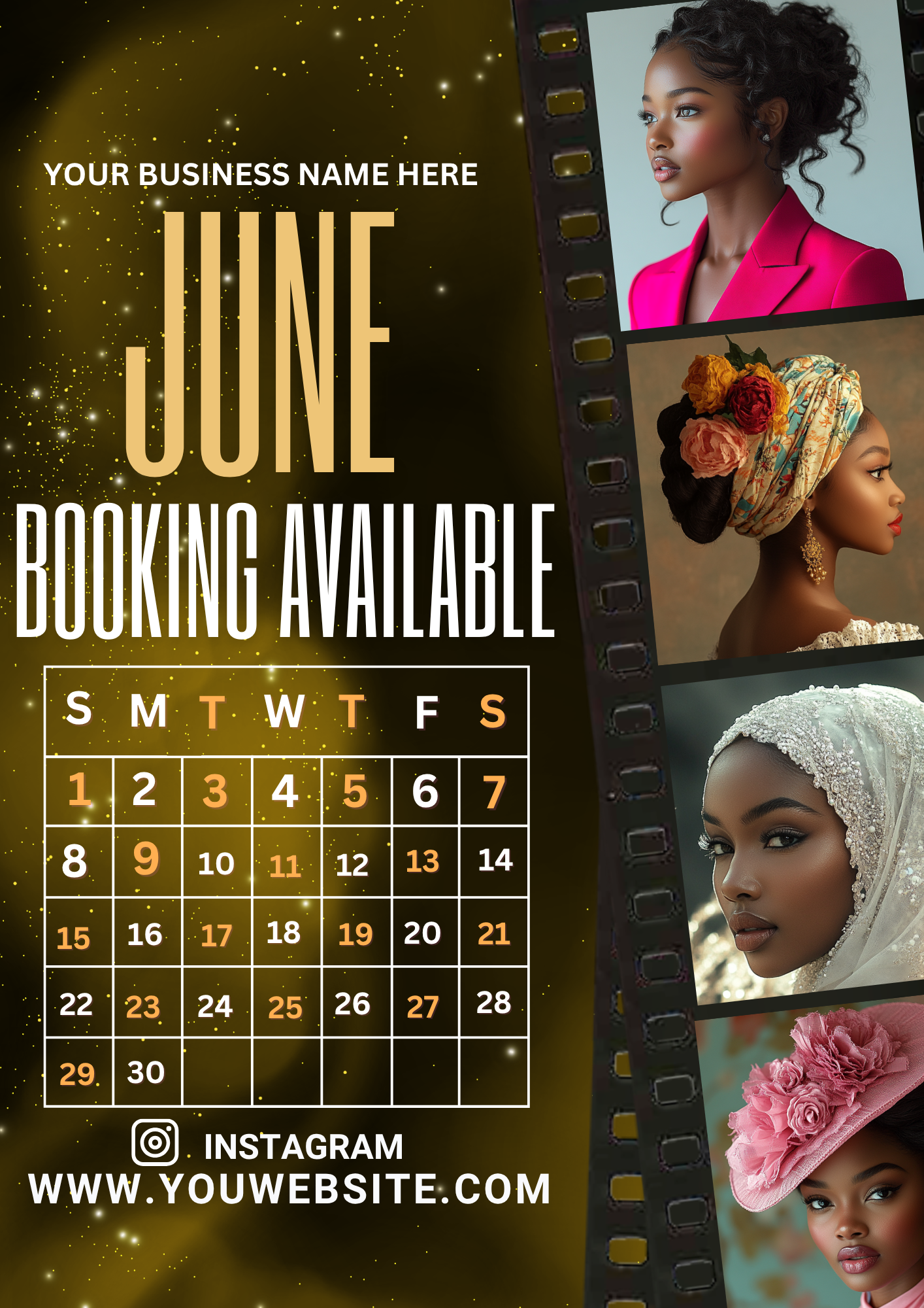 June Bookings Canva Editable Template Bundle | Pink Green Black Beauty Flyer & Social Media Posts.
