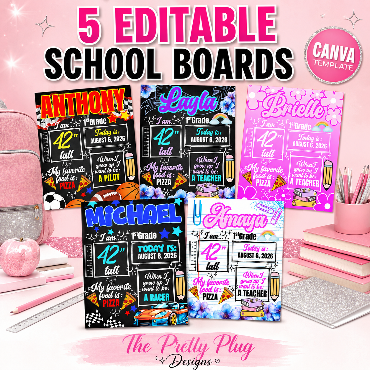 First Day of School Board Bundle | 5 Canva Back-to-School Photo Prop Templates
