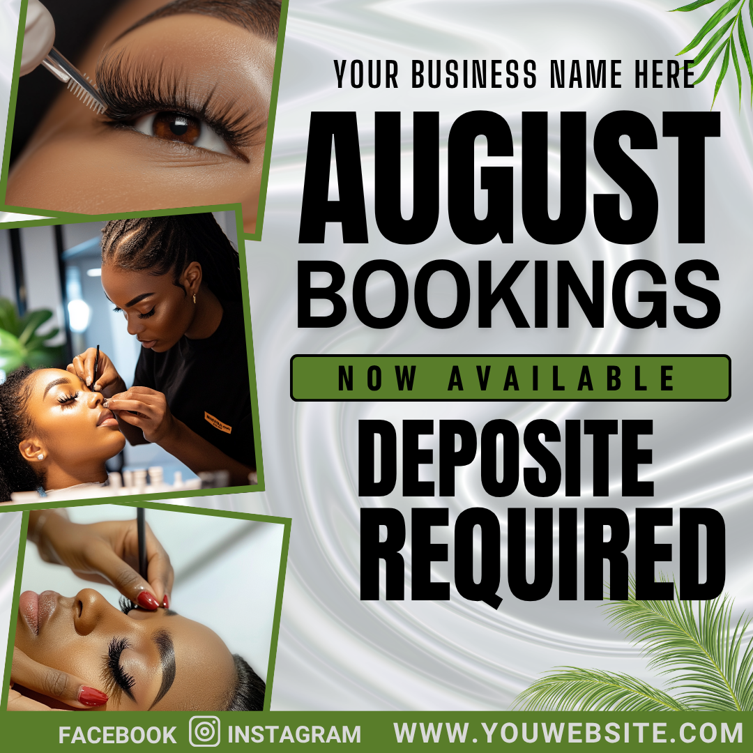 Editable August Bookings Canva Template Bundle | Pink Blue Beauty Flyer & Social Media Posts