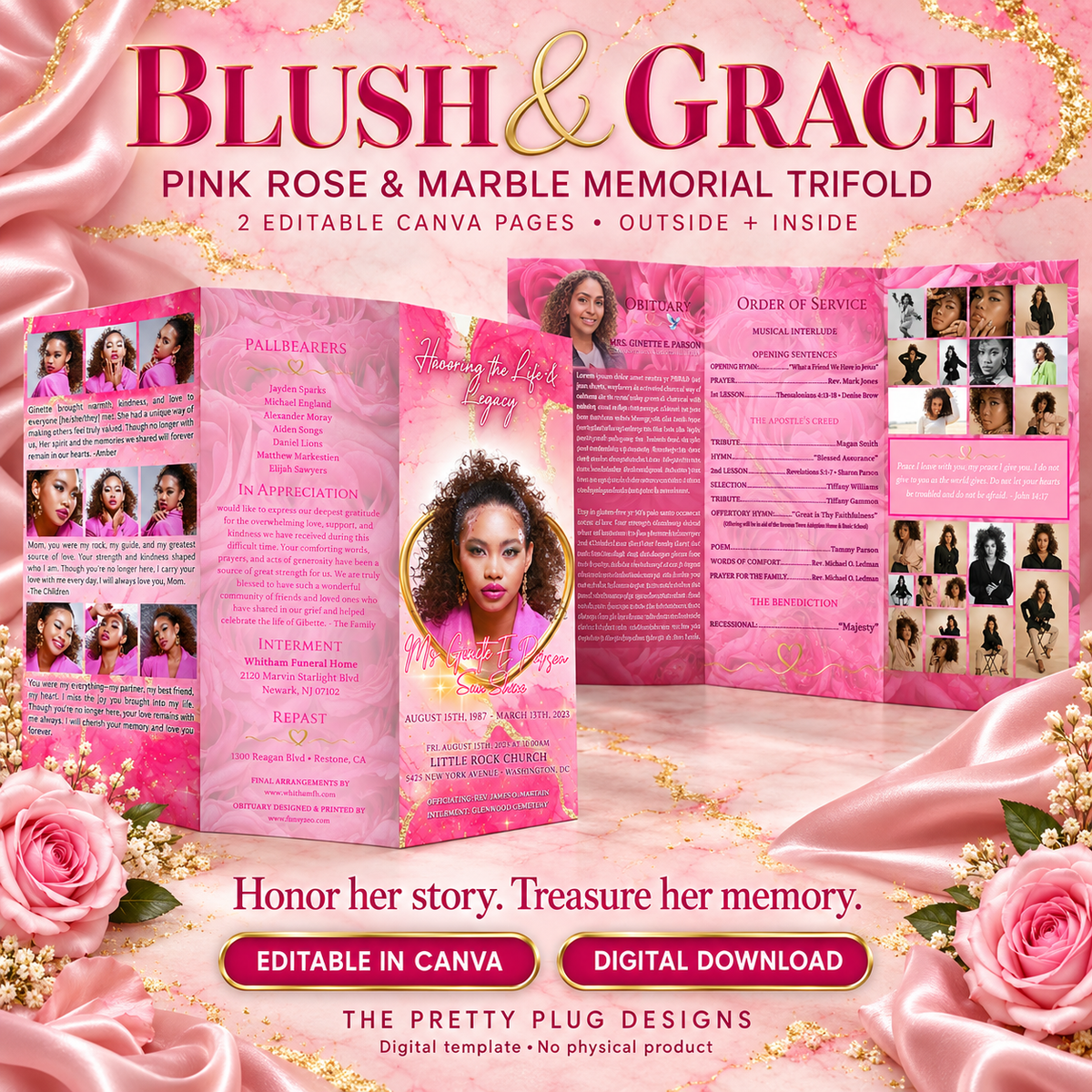 Blush & Grace | Pink Rose & Marble Women’s Memorial Trifold Canva Template