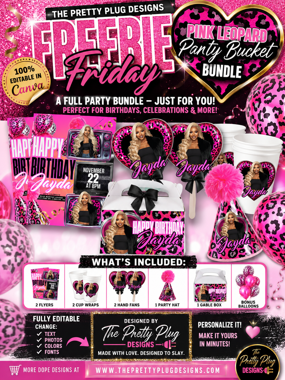 Pink Leopard Birthday Party Canva Template Bundle (FREEBIE)