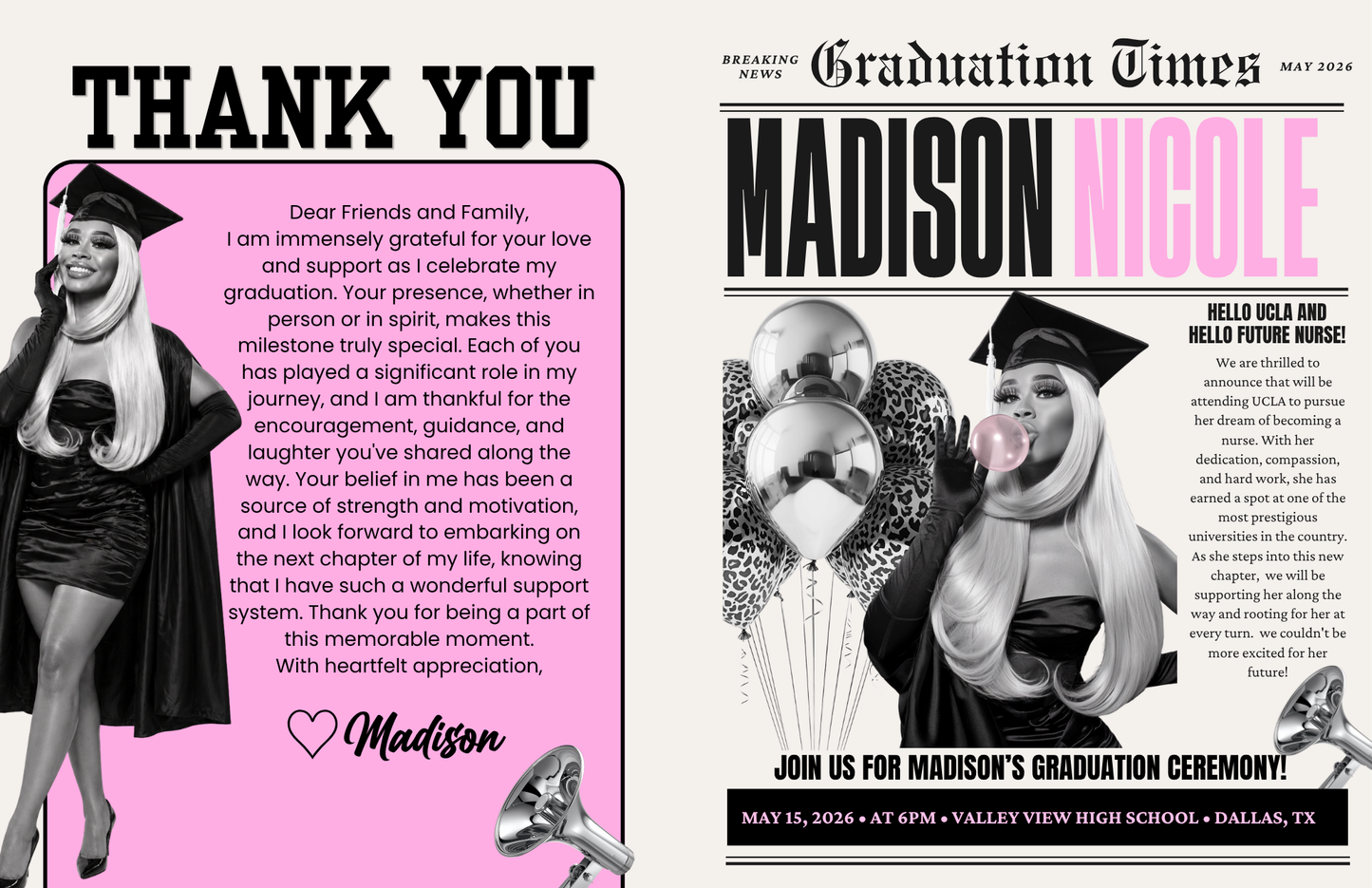 Editable Graduation Newspaper Flyer Template | Class of 2026 Female Glam Canva Digital Download for Grad Party Invite & Congrats Booklet