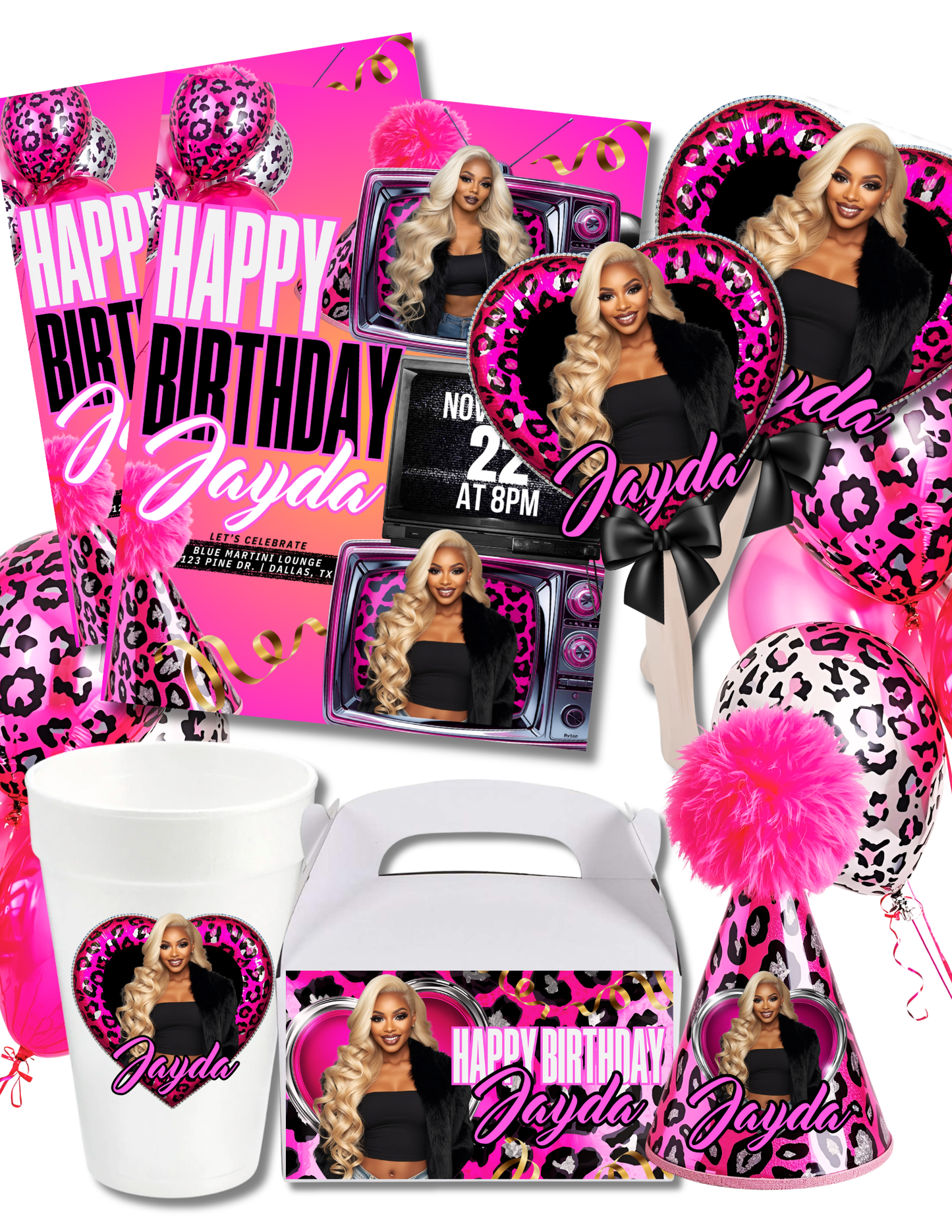 Pink Leopard Birthday Party Canva Template Bundle (FREEBIE)