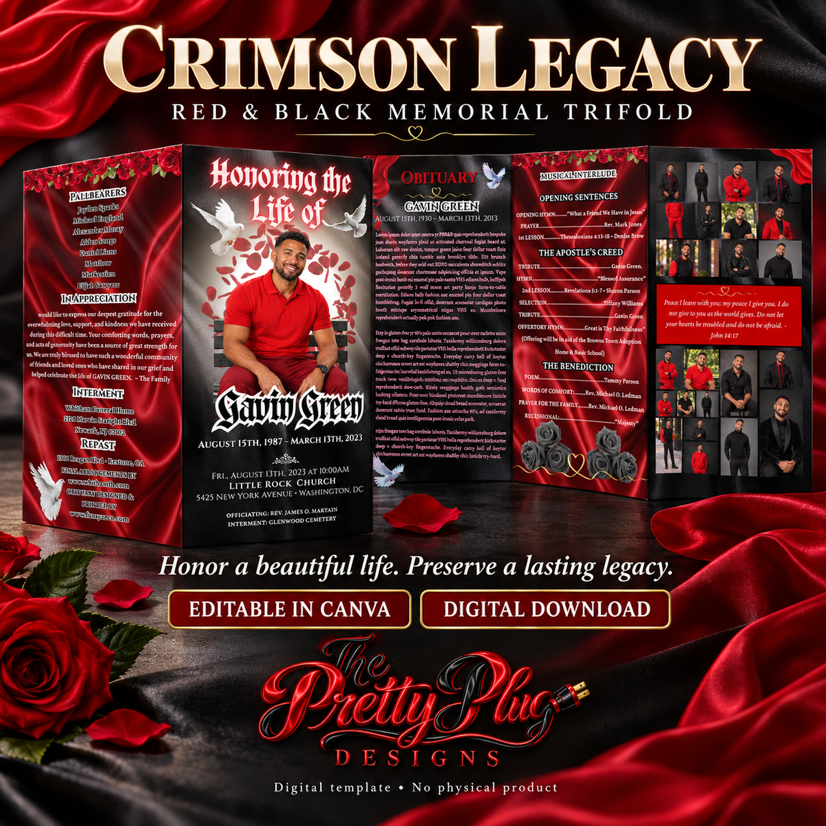 Crimson Legacy | Red & Black Roses + Silk Men’s Memorial Trifold Canva Template