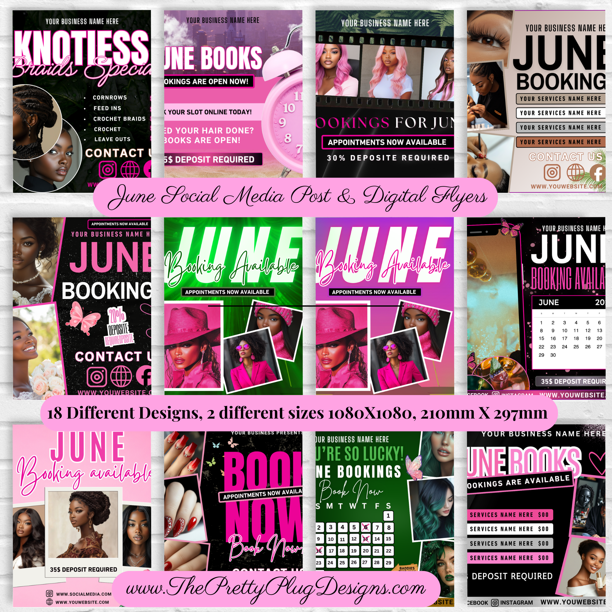 June Bookings Canva Editable Template Bundle | Pink Green Black Beauty ...