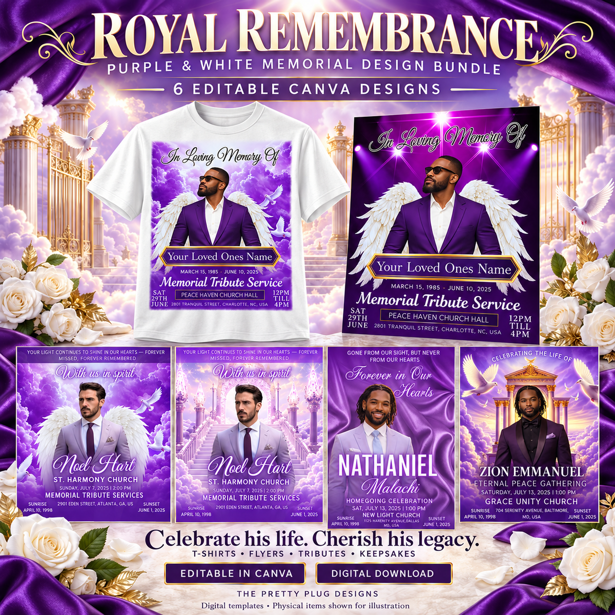 Royal Remembrance | 6 Purple & White Men’s Memorial Canva Templates for T-Shirts & Flyers