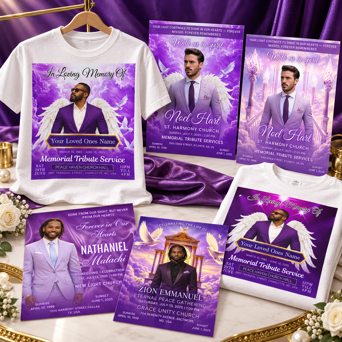 Royal Remembrance | 6 Purple & White Men’s Memorial Canva Templates for T-Shirts & Flyers