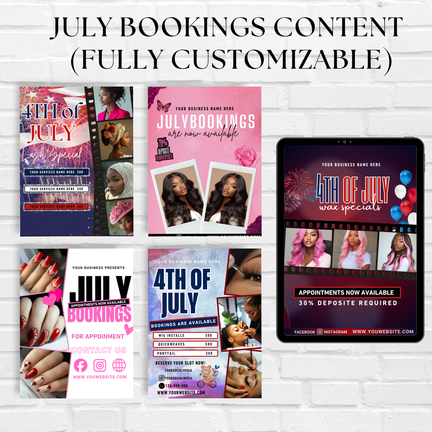 Editable July Bookings Canva Template Bundle | Pink Black Green Beauty Flyer & Social Media Posts