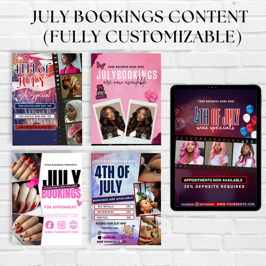 Editable July Bookings Canva Template Bundle | Pink Black Green Beauty Flyer & Social Media Posts